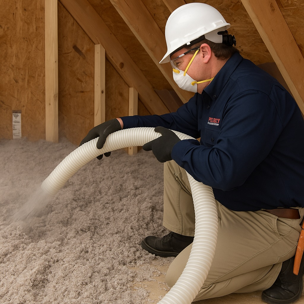 Pest control technician blowing cellulose insulation in residential attic